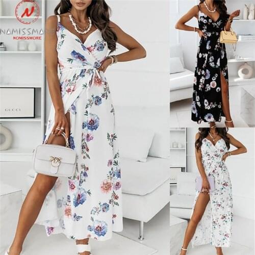 Sexy Women Summer Flower Print A-Line Dress High Split Design Bandage Decor Sling Sleeveless Backless High Waist Slim Long Dress
