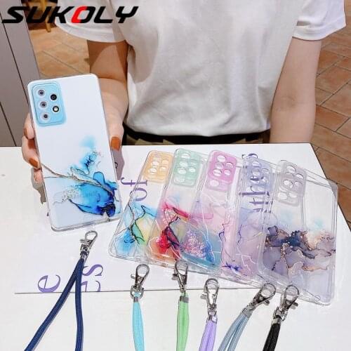 Luxury Watercolor Lanyard Phone Case for Samsung A52 A72 A32 A12 A22 A82 A02 A02S 5G S21 FE S21 Ultra Clear Shockproof Cover