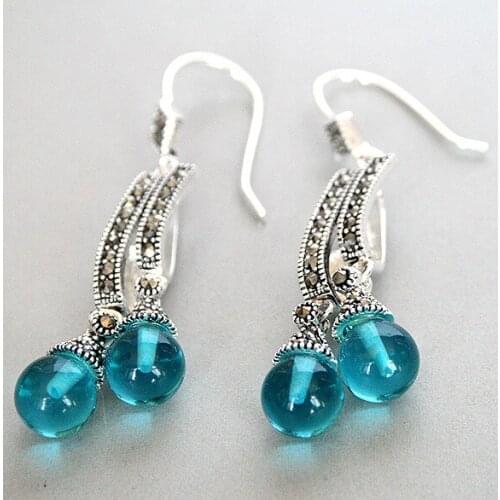 VINTAGE 925 SILVER BLUE OPALS STONE MARCASITE DANGLE HOOK EARRINGS2 2/5" Natural bread silver big earrings