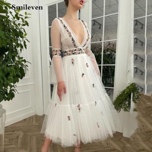 Smileven 2021Ivory Polka Dots A Line Prom Dress With Embroidery Evening Dress Flare Sleeve Tea Length Party Graduation Dress