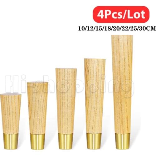 4Pcs Solid Wood Furniture Legs With Pure Copper Protective Case Straight Cone For Cupboard Sofa Table TV Cabinet Stool Oak Feet