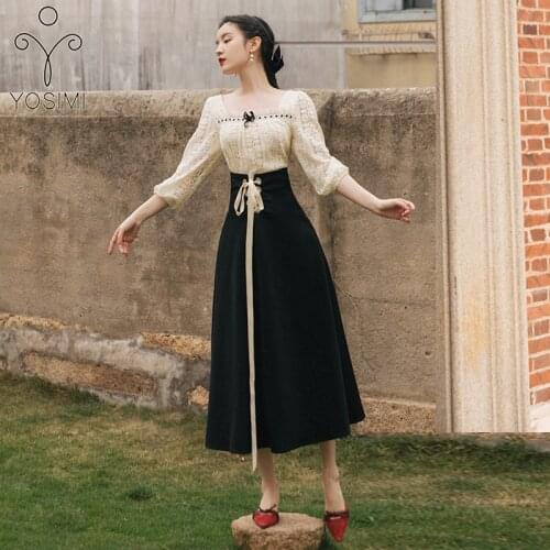 YOSIMI Two Piece Sets Suit Women Dress 2021 Summer Vintage Half Sleeve Beige Lace Shirt and Long Skirt Black Women Skirt Sets