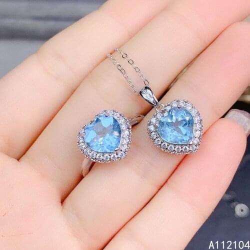 KJJEAXCMY Fine Jewelry 925 Sterling Silver Inlaid Natural Sky Blue Topaz women fresh elegant heart gem Ring Pendant Set support