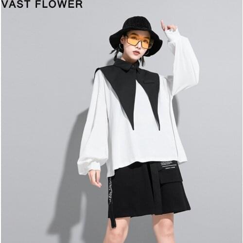 Patchwork Contrast Color T-Shirt Women New Lapel Lantern Sleeve Loose Casual Tee Tshirt Tops Clothes Fashion Spring Autumn 2021