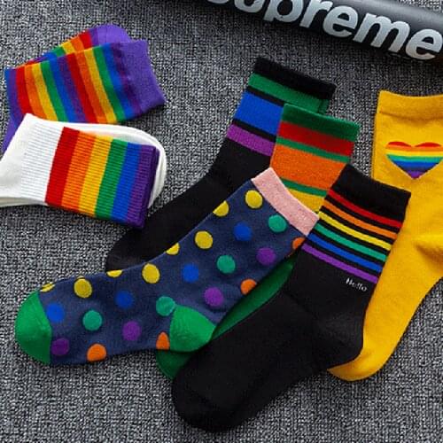 Womens Socks Cotton Rainbow Stripes Fashion Classic Casual Tide Harajuku Funny Cute Socks Calcetines Medias De Mujer Streetwear