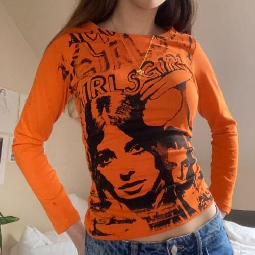 Female Spring Autumn Crop Tops Women Letters Human Face Print O-Neck Long Sleeve T-Shirt Green Red Pink Orange