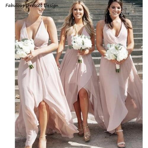 Sexy V Neck Split Bridesmaid Dresses Spaghetti Strap Pink Long A Line Chiffon Vestidos 2021 Customize Women Wedding Party Dress