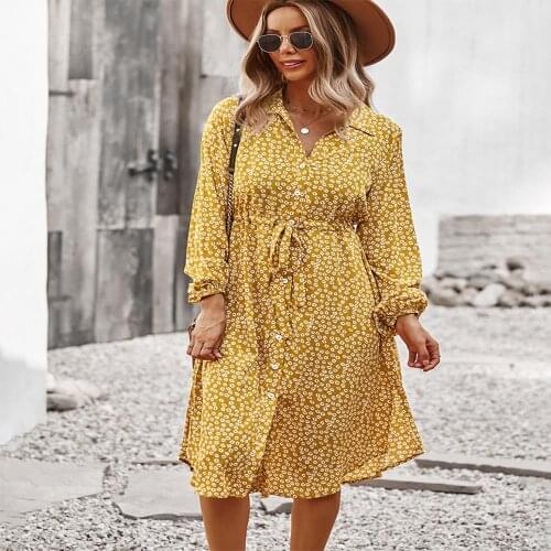 Woman Spring Autumn Print A-Line Shirt Dresses Drawstring Waist Long Sleeve Y2K Dress For Women Clothing 2021 Vestido Robe Femme