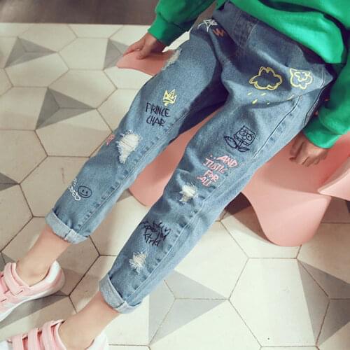 2019 Autumn Ripped Jeans for Girls Kids Jeans 7/8 Hole Casual Children Teenagers Jeans