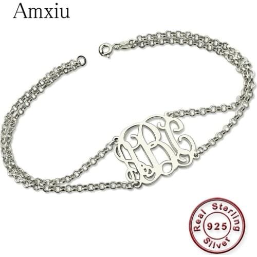 Amxiu Personalized 925 Sterling Silver Bracelet Custom 1-3 Letter Initials Monogram Bracelet Double Chains Bracelets For Women