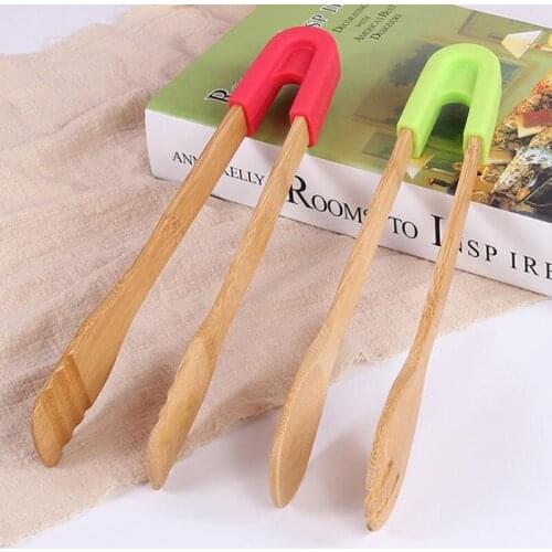 Bamboo Food Toaster Tongs Wooden Salad Cake Snack Clip Grip Silicone Handle Bread BBQ Tongs Kitchen Tools Clamp Cooking Utensils