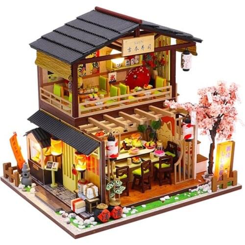 DIY Wooden Dollhouse Japanese Sushi Shop 3D Doll Houses Miniature With Furniture Assemble Casa Puzzle Toys Kids birthday Gift