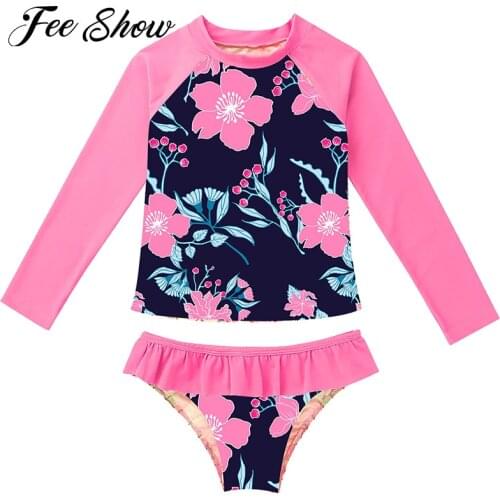 Kids Girls Tankini Sets Long Sleeves Rashguard Swimsuit Swimwear Bathing Suit Swimming Set Fish Scales Printed Tops with Bottoms