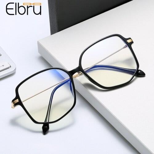 Elbru Vintage Fashion Large Plain Glasses Frame Women Anti Blue Light Spectacles Transparent Color Frame Optical Sepectacles Men