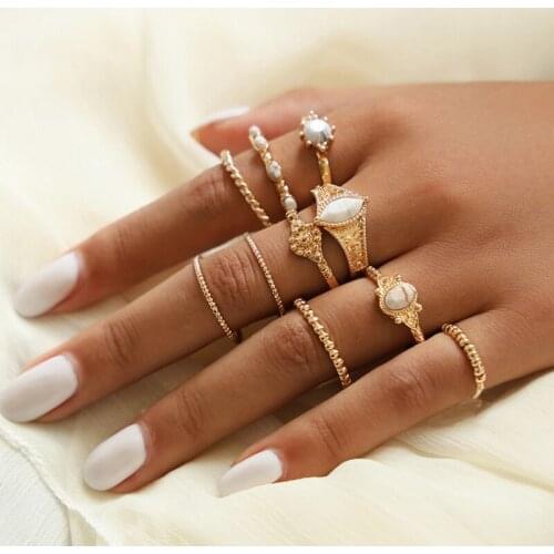 10 Pcs/Set Fashion Ring Geometric Gems Carved Gold Joint Rings Set Women Charm Party Jewelry Accessories Lover Gift