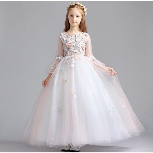 Flower Girl Dresses Illusion Three Quarter O-Neck Princess Luxury White Floor-Length Lace Tulle Embroidery Kids Party Gown H159