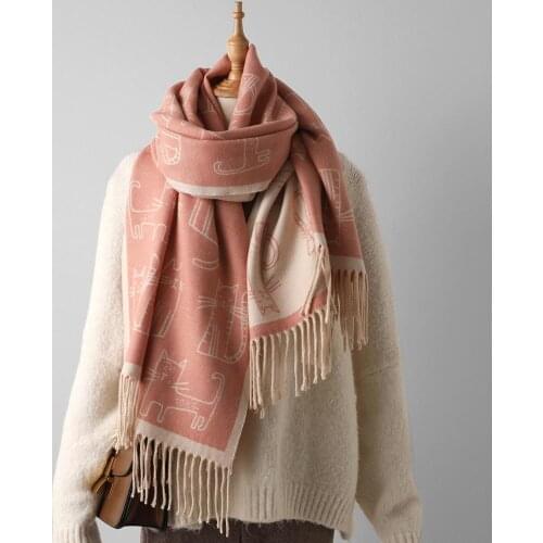 Fashion Scarf Women Winter Warm Animal Cat Pattern Scarves Designer Luxury Long Print Wraps Shawl