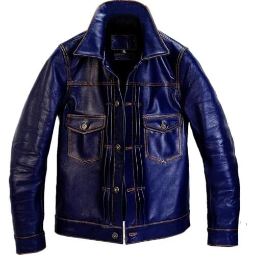 100% Real Leather Jacket Men Autumn Clothes New Streetwear Genuine Cow Leather Coat Blue Mens Fit Moto Biker Coats