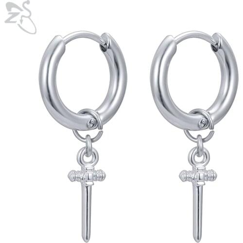 ZS Korean Trendy Round Earrings For Women Men Kpop Sword Pendant Hoop Earrings Stainless Steel Vintage Earring Statement Jewelry