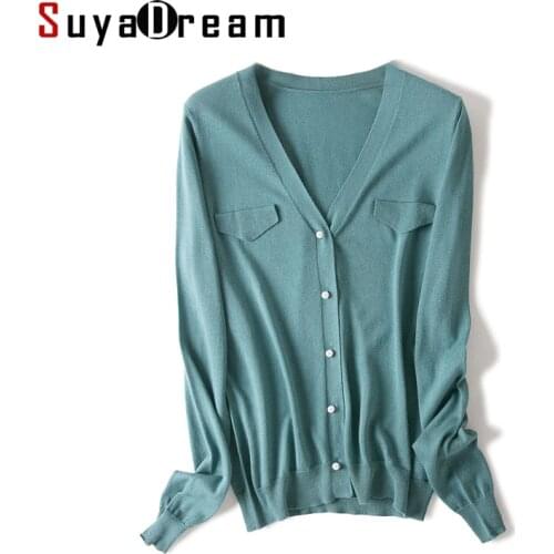SuyaDream Women Silk Cardigan 85%Silk 15%Cashmere V neck Long Sleeved Solid Sweaters 2020Fall Winter Cardigans for Women