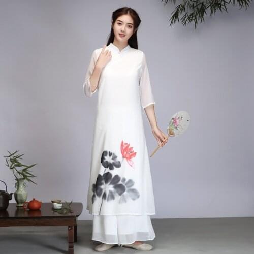 Vintage Dresses Summer 2021 Vietnam Clothing Floral Print Chinese Dress Qipao Vietnam Traditional Cheongsam Ao Dai Dress 11516