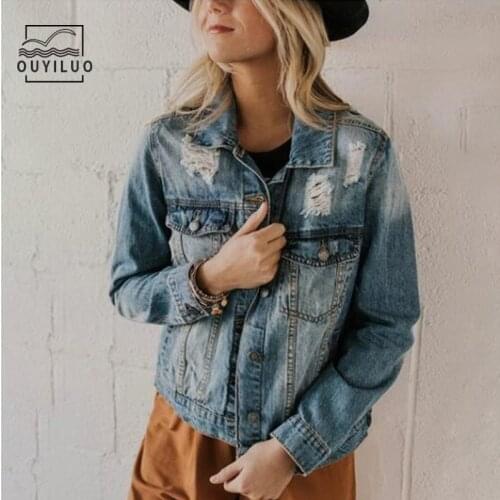 Hole Slim Womens Denim Coat Single Breasted Jeans Jacket Long Sleeve Autumn Fashion Sexy Female Clothing Light Blue New