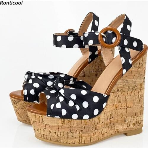 Ronticool New Arrival Handmade Women Sandals Ankle Strap Polka Dot Wedges Heels Open Toe Elegant Brown Party Shoes US Size 5-20