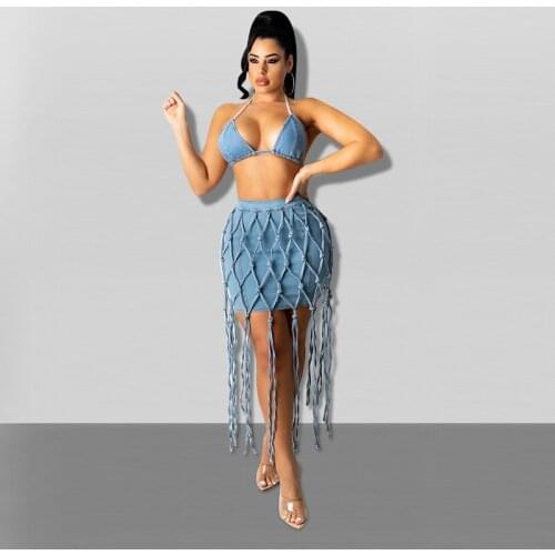 2021 New Arrival Famous Brand 2 pcs Denim Women Set Solid Tassel Bikini Strapless Short Tops Mini Dress Summer Sexy Outfits
