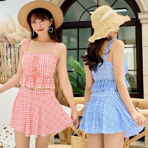 2021 New Korean Style Biquini Swimwear Women Two Pieces Swimsuit Bikini Set Lattice Beachwear Bandage Bathing Swimskirt
