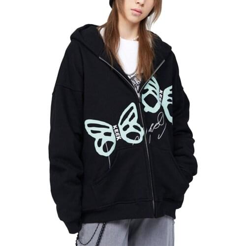 Women Casual Hooded Sweatshirt Adults Flower Butterfly Letter Print Long Sleeve Cardigan with Pockets