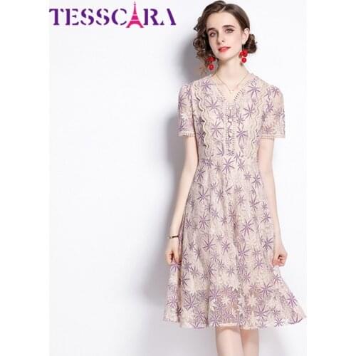 TESSCARA Women Summer Elegant Lace Dress Festa High Quality Office Party Robe Femme Runway Vintage Designer A-Line Vestidos
