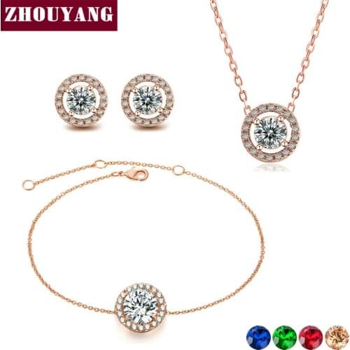 ZHOUYANG Jewelry Sets For Women Classic Round Cubic Zirconia 5 Color 3PCS Bracelet Necklace Earrings Fashion Jewelry S422 S430