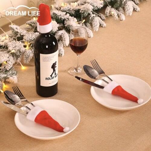 10Pcs Mini Christmas Hat Home Decor New Fleece Hat Knife and Fork Set Wine Bottle Decoration Christmas Table Decoration Navidad