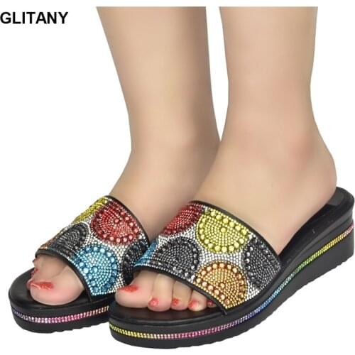 2021 Mix Color Platform Women Sandals Beach Casual Heels Slides Sandalias Italian Women Wedding Shoes Deocrated with Rhinestone