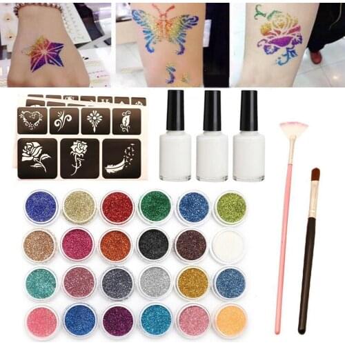 24 Color 125 Templates Glitter Tattoo Kits Body Painting Art Semi-Permanent Temporary Tattoo for Kids Teenagers and Adults