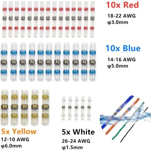30Pcs Heat Shrink Solder Sleeve Waterproof Soldering Splice Terminals Insulated Electrical Wire Butt Connectors 26-10 AWG Kit