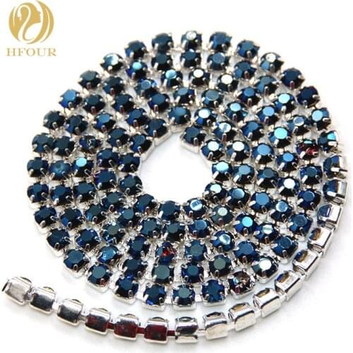New 5yard/pack High quality Sliver base Cobalt blue glass crystal Rhinestones Cup Chain DIY clothing/Wedding dress Accessories