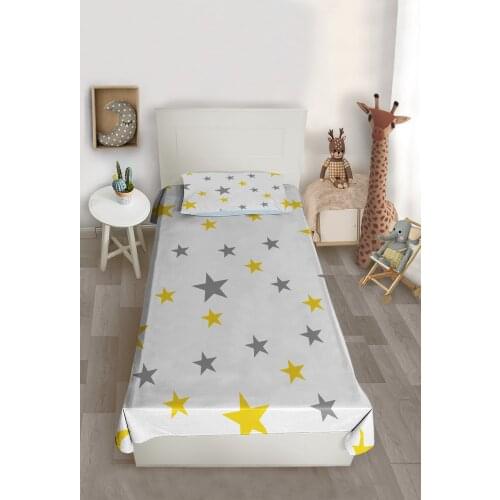 Çocuk odası yatak örtüsü gri sarı yıldız