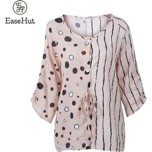 EASEhUT Plus Size Women Summer Blouse 3/4 Sleeved Striped Dot Print Button Down Retro Holiday Boho Shirts Casual Tops S-5XL