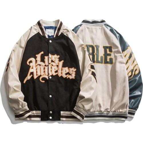 ERENEJIAN Unisex College Varsity Baseball Jacket With Embroidery Letterman Outerwear Leather Sleeve Patchwrok Clothing Couple