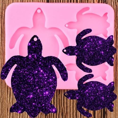 Shiny Turtle Family Keychains Mold Clay DIY Tortoise Mom Baby Jewelry Making Glitter Epoxy Key Chain Silicone Moulds