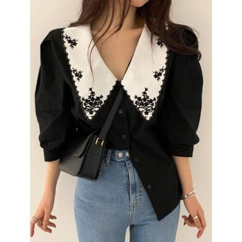 HOUZHOU Elegant Blouses Women Puff Half Sleeve Black White Shirts Office Clothes Korean Fashion Summer Embroidered Tops New 2021