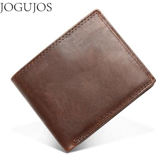 JOGUJOS Genuine Crazy Horse Leather Men Wallets Vintage Short Wallet Cowhide Coin Purse Money Credit Card Holder Purse For Man