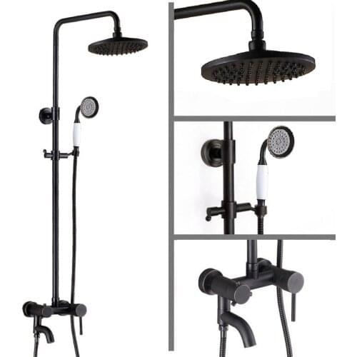 Black Oil Rubbed Brass Single Handle Bathroom 8 Inch Round Rain Shower Faucet Set Bath Tub Mixer Tap Hand Shower mrs363