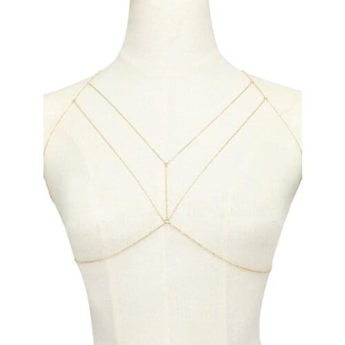 Summer Gold Color Body Chain Link Bra Simple Sexy Beach Bikini Chain Harness Necklaces Women Body chain Boho Jewelry Gift