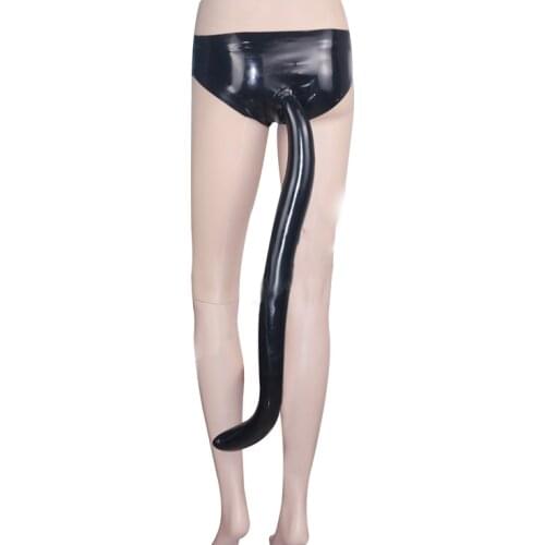 Cute & sexy womens black underwear 100% real latex underpants with inflatable long cattail decorations