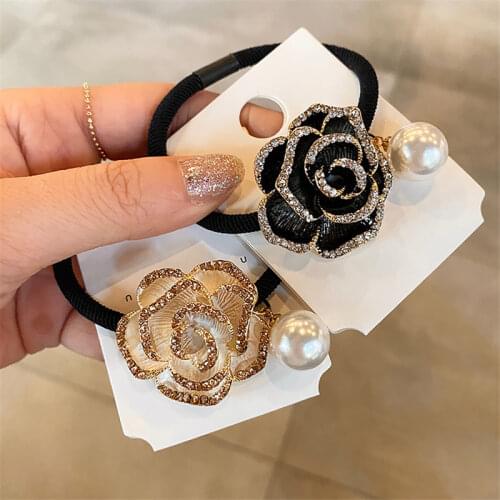 New Women Shiny Diamond Camellia Elastic Hair Bands Gilrs Elegant Hair Hair Tie Bands Horsetai Fashion Korean Hair Accessories