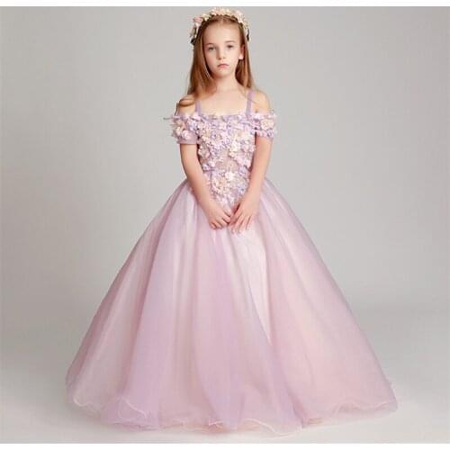 Flower Girl Dress O-Neck Off The Shoujlder Sequined Princess Appliques Spaghetti Straps Floor-Length Tulle Kids Party Gown H140