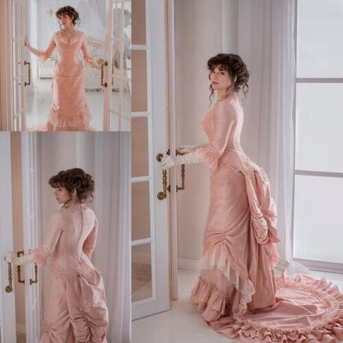 Peach Pink Gothic Prom Occasion Dresses with Long Sleeve 2021 Lace-up Corset Bustle Skirt Silk Victorian Evening Gowns