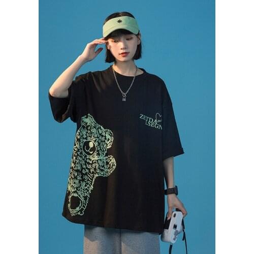 Cute Bears Print T Shirts for Women 2021 Summer Loose Fit Casual Clothing Girls Oversized Cartoon Graphic Tees Korean Streetwear